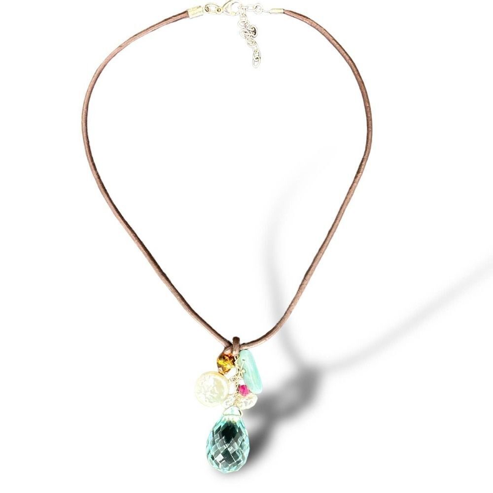 Bohemian Looks Necklace Glass & Pearl Beads Dangle Pendant Leather Cord